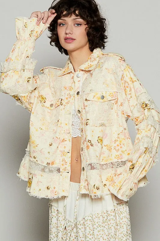 Raw Hem Lace Patch Flounce Sleeve Jacket