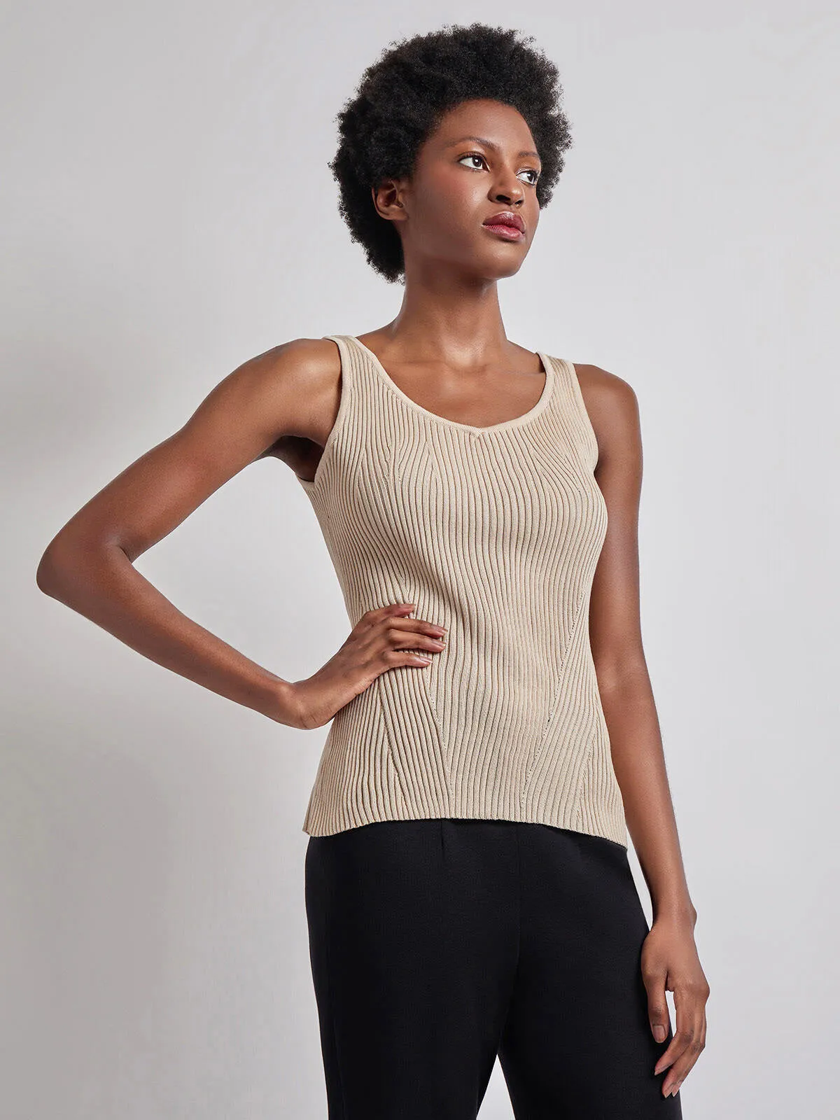 Shaped Ribbed Knit V-Neck Tank, Biscotti