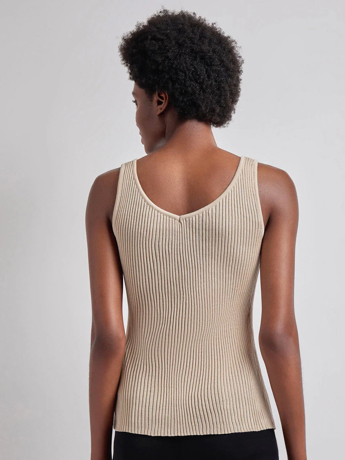 Shaped Ribbed Knit V-Neck Tank, Biscotti