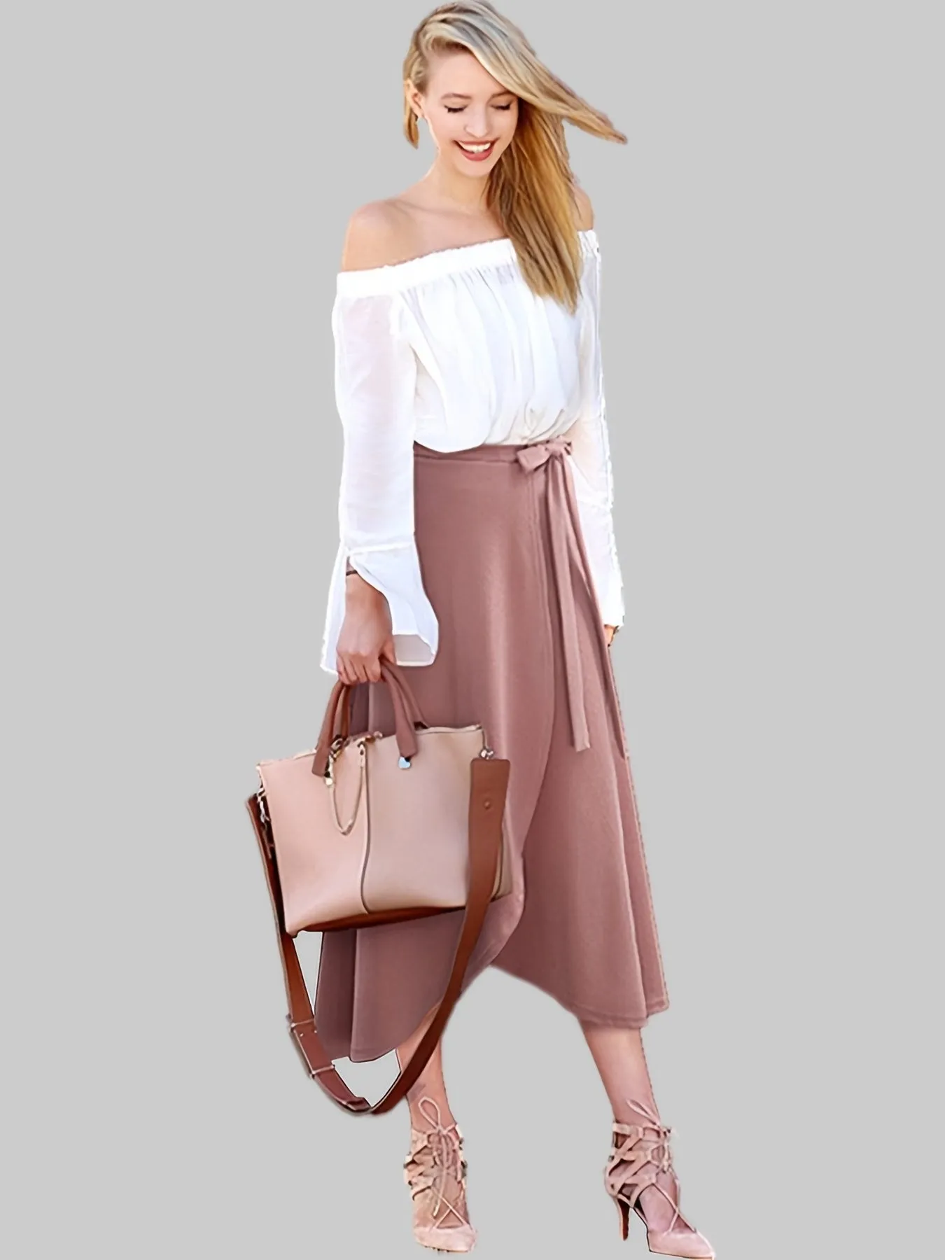 Solid Ruffle Hem Elegant High Waist Tied Midi Skirts