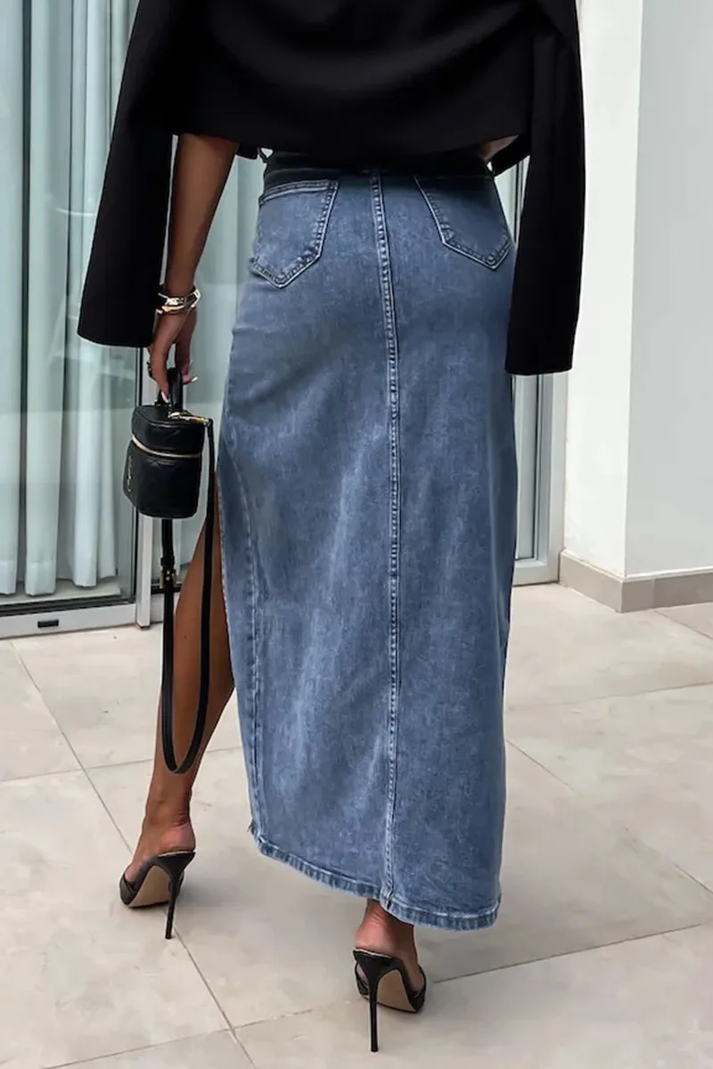 Vintage Elegant Solid Pocket Slit Asymmetrical High Waist Denim Skirts