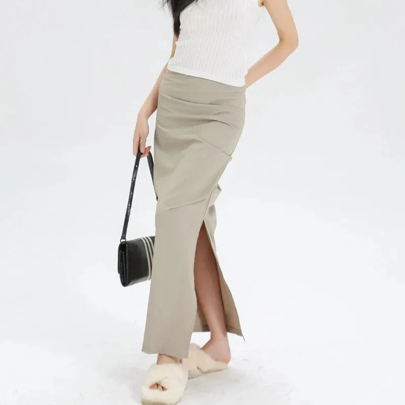 Vintage Korean Casual Skirt with Elegant Slit Pleated Design