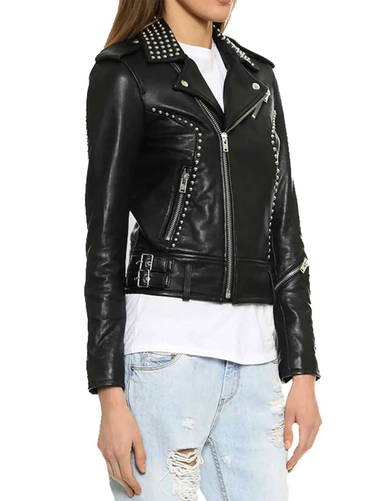 Women's Biker Studded Leather Jacket