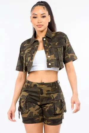 Women's Casual Plus Size and Petite Camouflage Short Sleeve Cropped Jacket