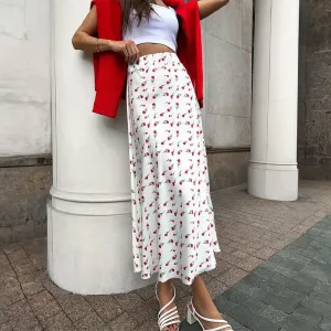 YESMYTOOL  -  2024 Cherry Printed Long Skirt Women Empire Summer Casual Skirts Fashion Elegant Office Lady A-Line Fishtail Skirt