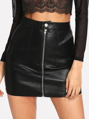 Zip Front PU Skirt